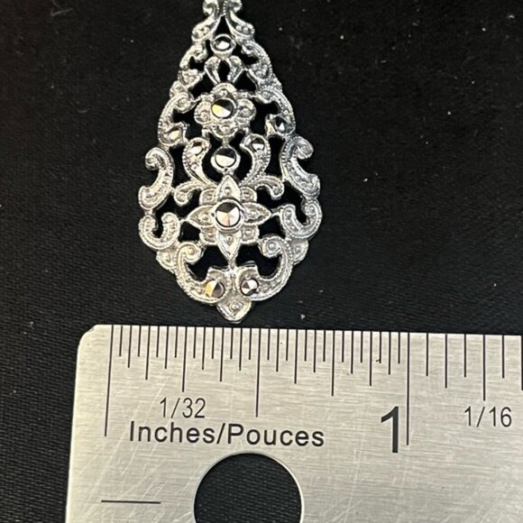 BIRKS Sterling Silver & Marcasites Filigree Teardrop Necklace Pendant Charm - Picture 6 of 9